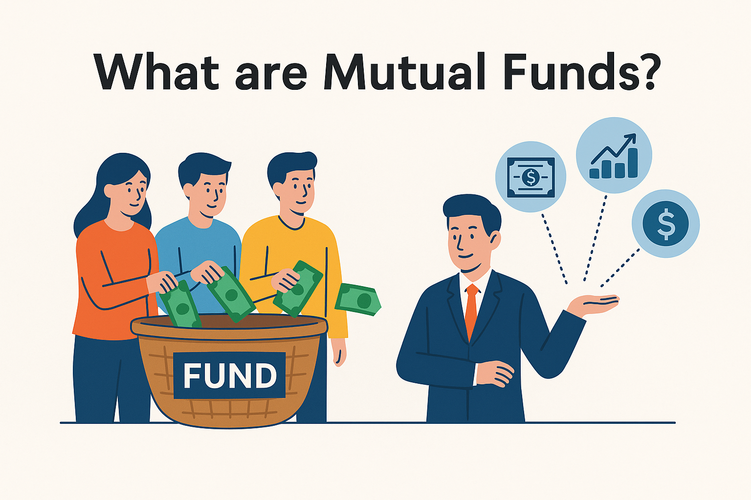 Illustration showing people investing money into a mutual fund with a fund manager allocating investments into various financial instruments like stocks, bonds, and cash