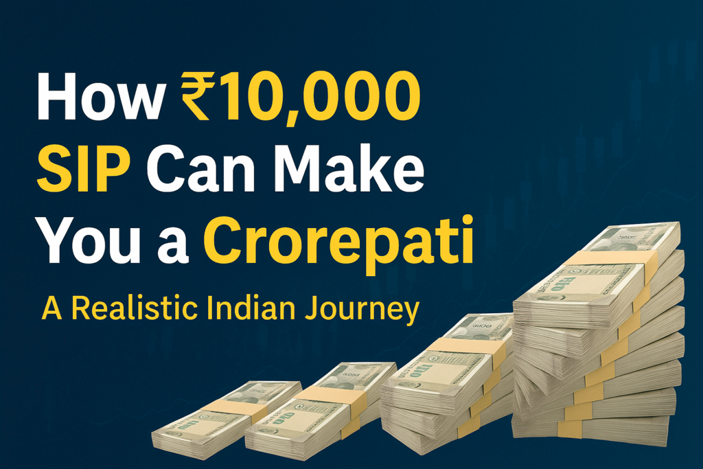 YouTube thumbnail with the text 'How ₹10,000 SIP Can Make You a Crorepati – A Realistic Indian Journey' next to stacked bundles of currency, implying wealth growth through investments.